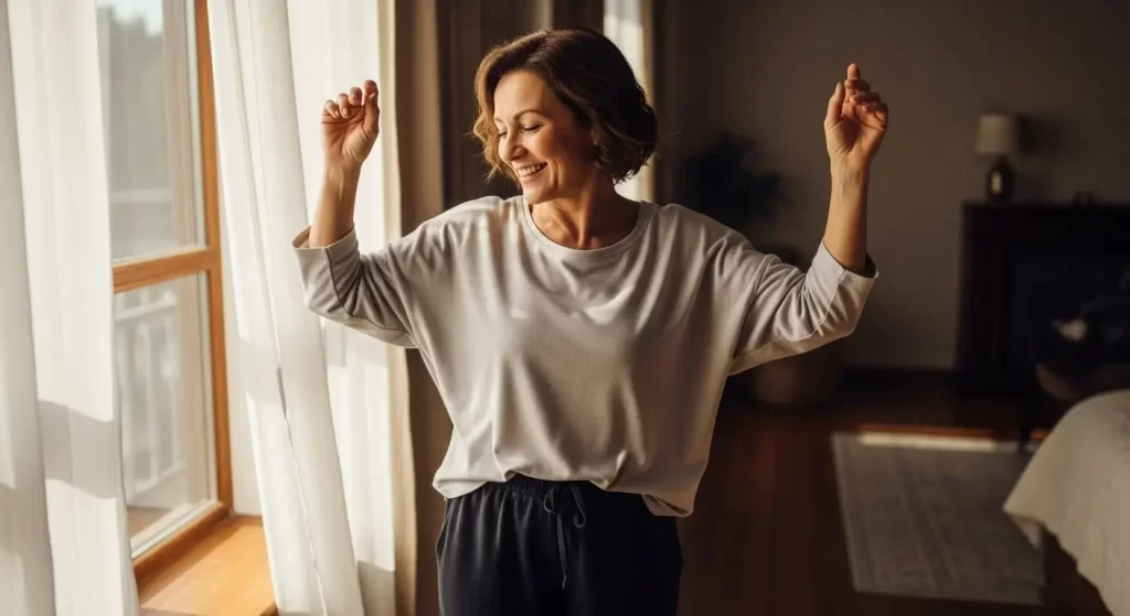 Happy mature woman dancing alone in her bedroom, symbolizing movement, circulation, and self-connection after menopause.
