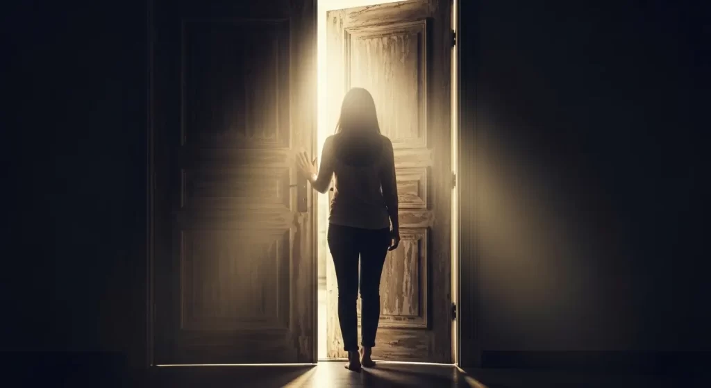 Mature woman standing in front of a semi-open door with light shining through, symbolizing overcoming barriers to intimacy after 50