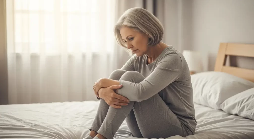 Mature woman sitting on a bed in daylight, hugging her knees with a tense expression, symbolizing fear before intimacy after menopause.