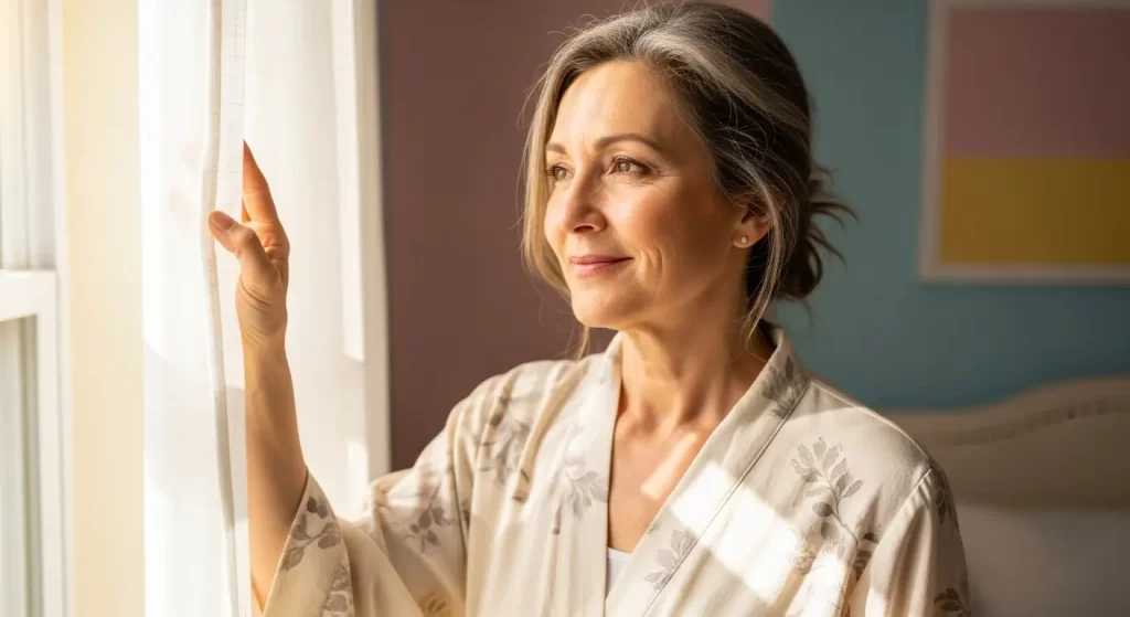 Mature woman looking out of a window with a soft smile, symbolizing hope and healing after intimacy pain.