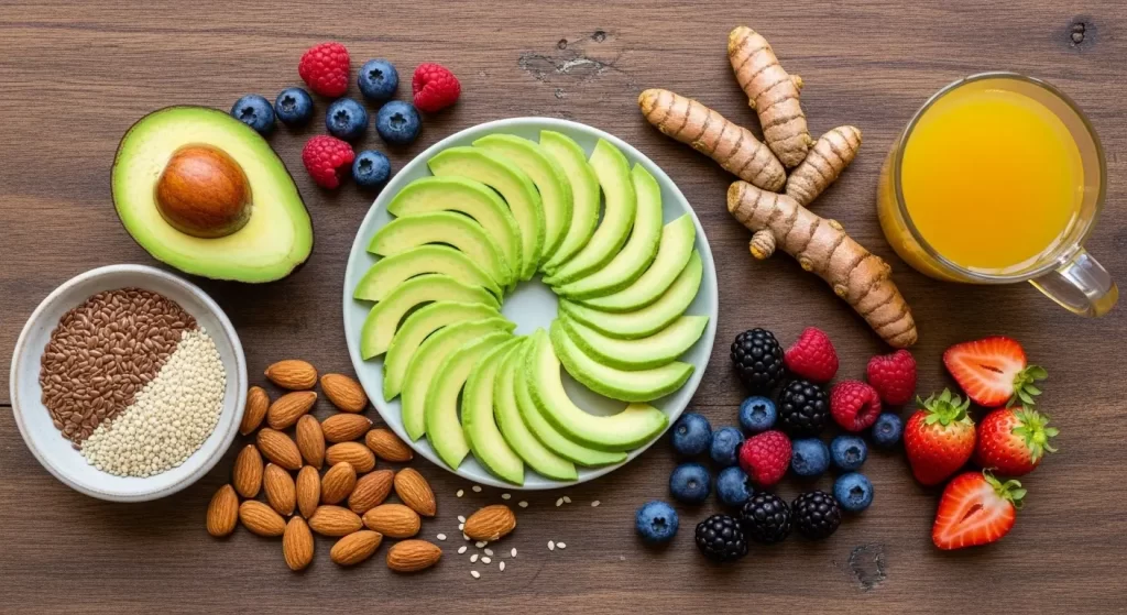 Vaginal Dryness Aft. Hydrating foods like avocado, flaxseeds, sesame, almonds, turmeric, and berries that support intimate health after menopause.