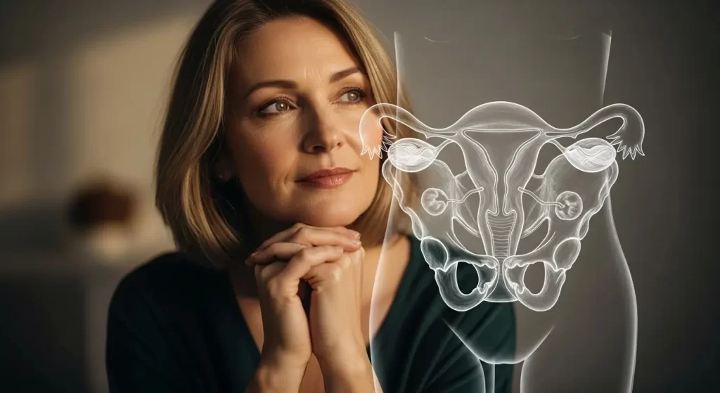 menopause body changes woman anatomyMature woman with symbolic overlay of pelvic anatomy, representing body changes during menopause