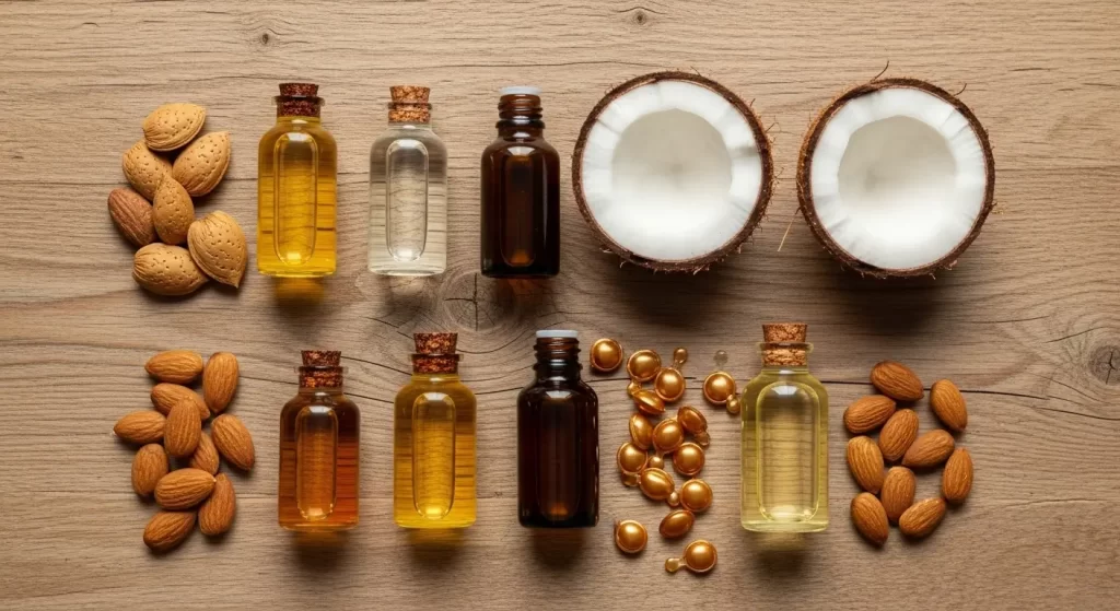 Vaginal Dryness Aft. Natural oils like almond, coconut, apricot kernel, and vitamin E capsules displayed on a wooden table for intimate care after menopause.