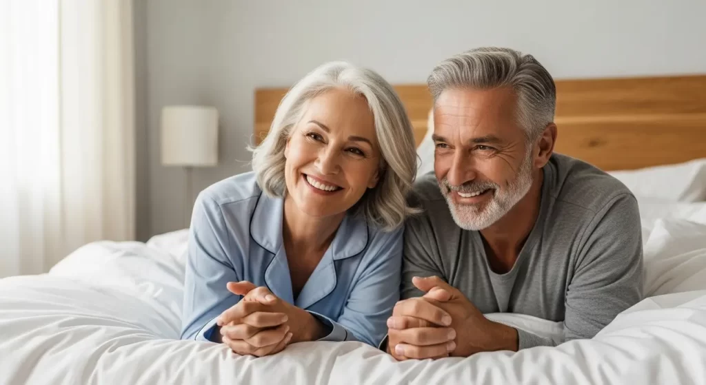 Mature couple in their 60s smiling and holding hands on a bed, symbolizing a new beginning for intimacy after 50