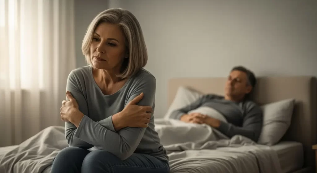 Mature woman sitting thoughtfully, symbolizing pain during intimacy after menopause.