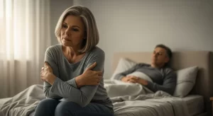 Mature woman sitting thoughtfully, symbolizing pain during intimacy after menopause.