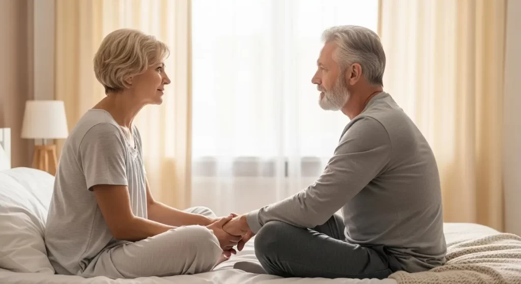 Mature couple sitting on a bed and talking calmly, symbolizing intimacy, trust, and reconnection after menopause.