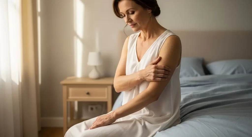 Mature woman in a white nightgown gently touching her arm, symbolizing self-care and restoring intimacy after menopause.