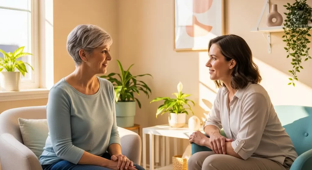 Mature woman with female therapist in a calm consultation, symbolizing therapies that listen to the body